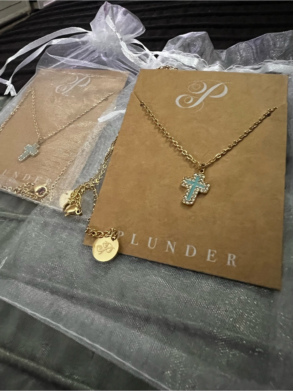 Plunder Gold-Tone Cross Necklace with Turquoise and Crystal Accents - Picture 3 of 3